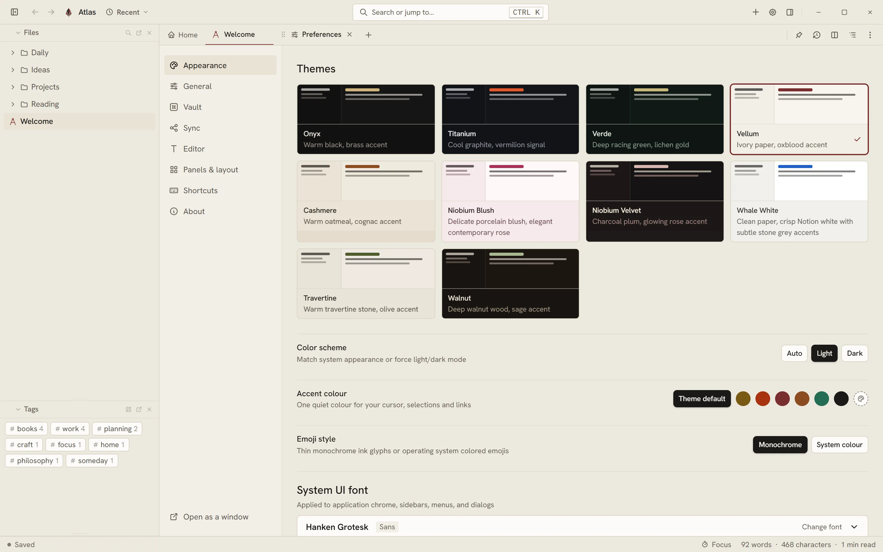 The Appearance settings